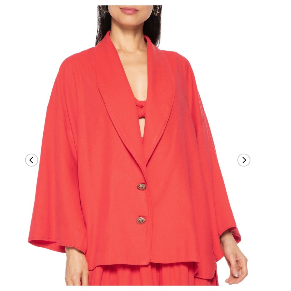 Farm Rio Red Kimono Blazer Wide Sleeve Shawl Lapel Ornate Button Jacket